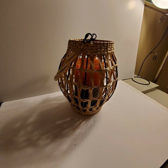 Rustic Woven And Metal Candle Holder With Candle - Picture 3 of 6